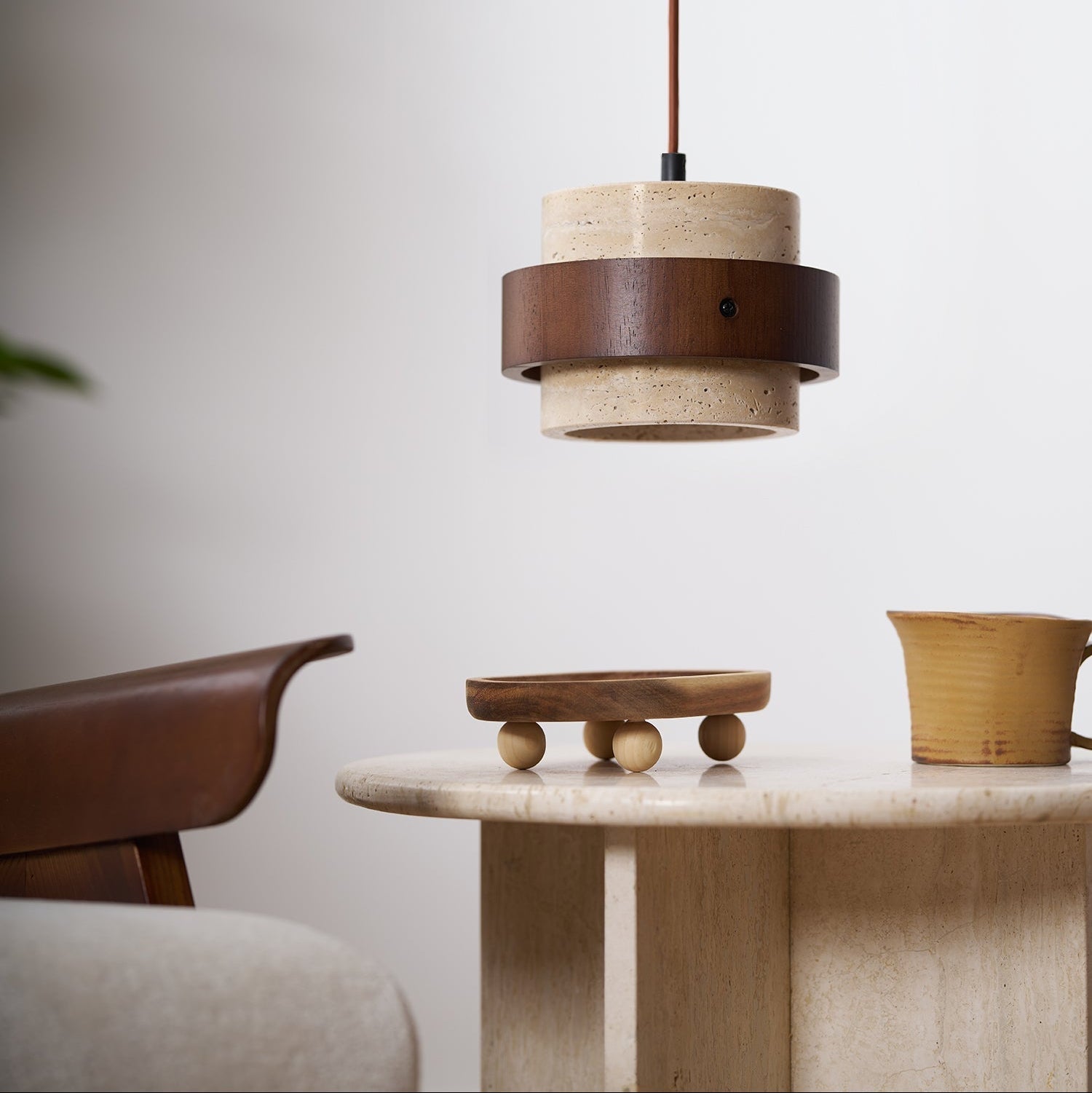 Travertine and Walnut Wood Ceiling Pendant Light - Arrielight