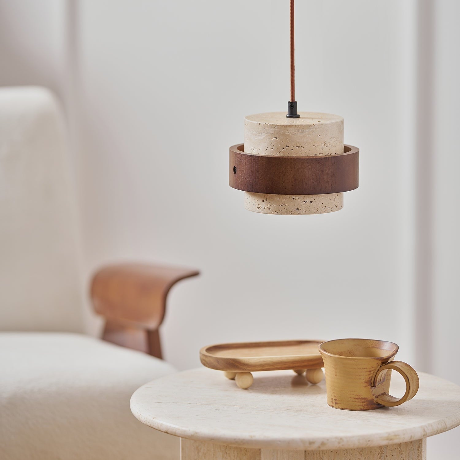 Travertine and Walnut Wood Ceiling Pendant Light - Arrielight