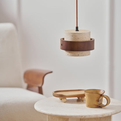Travertine and Walnut Wood Ceiling Pendant Light - Arrielight
