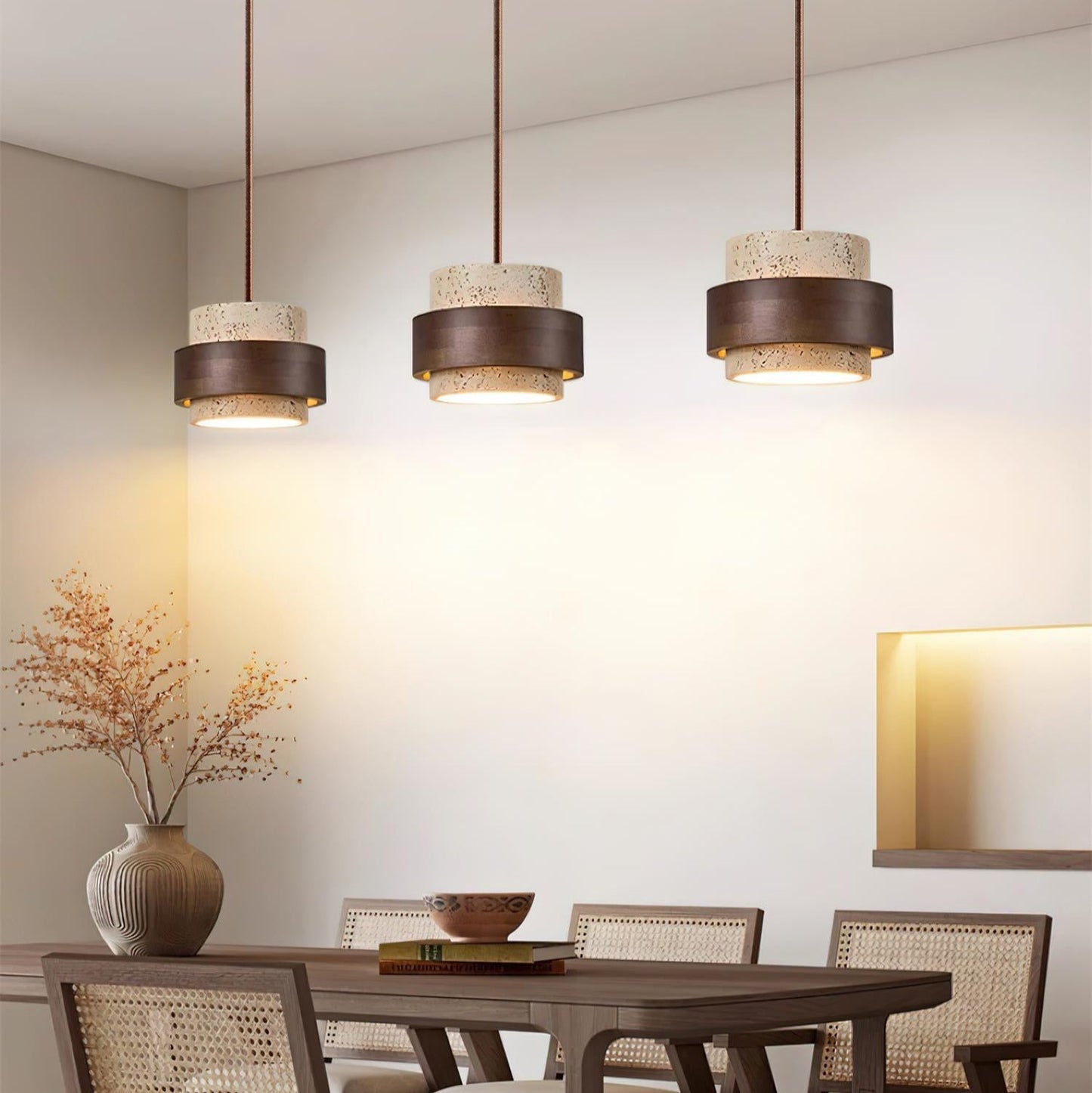 Travertine and Walnut Wood Ceiling Pendant Light - Arrielight