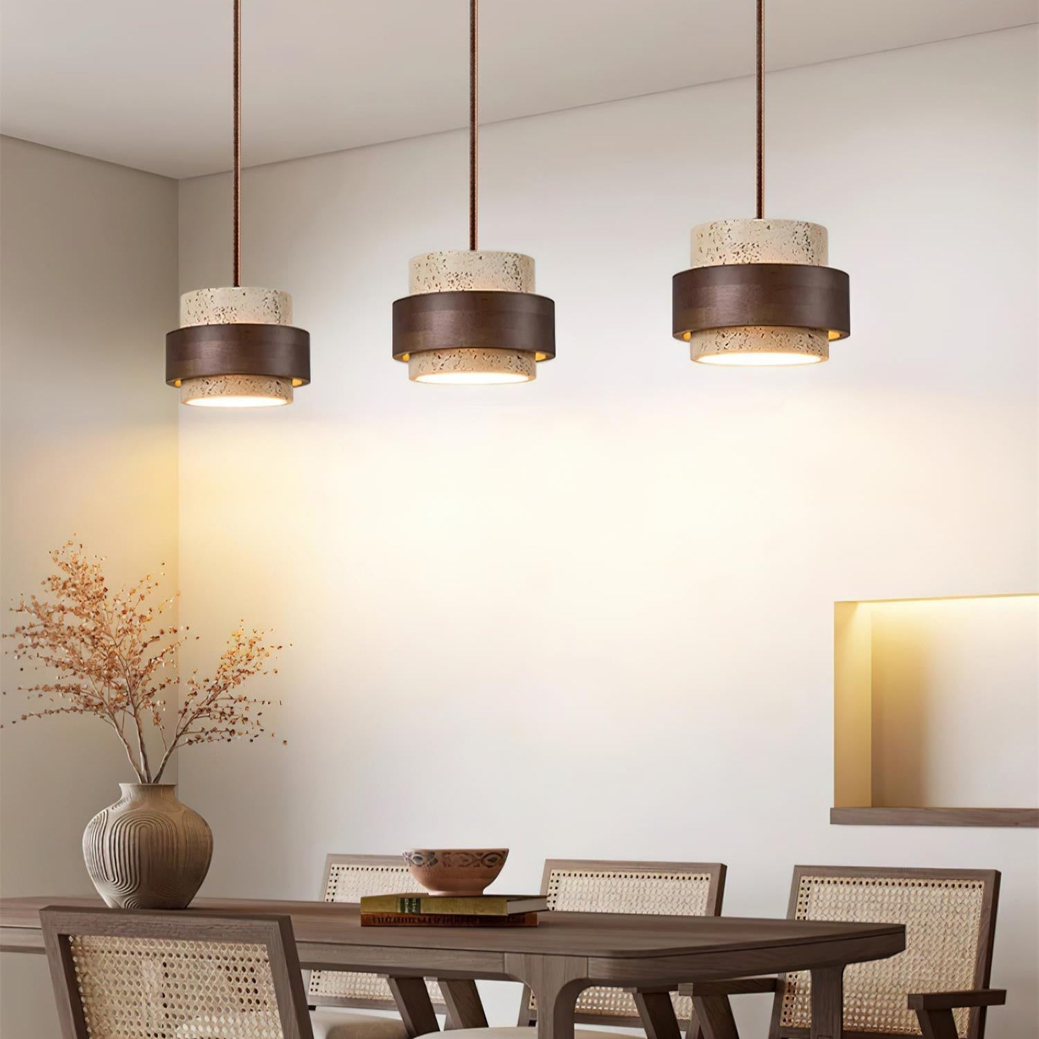 Travertine and Walnut Wood Ceiling Pendant Light - Arrielight
