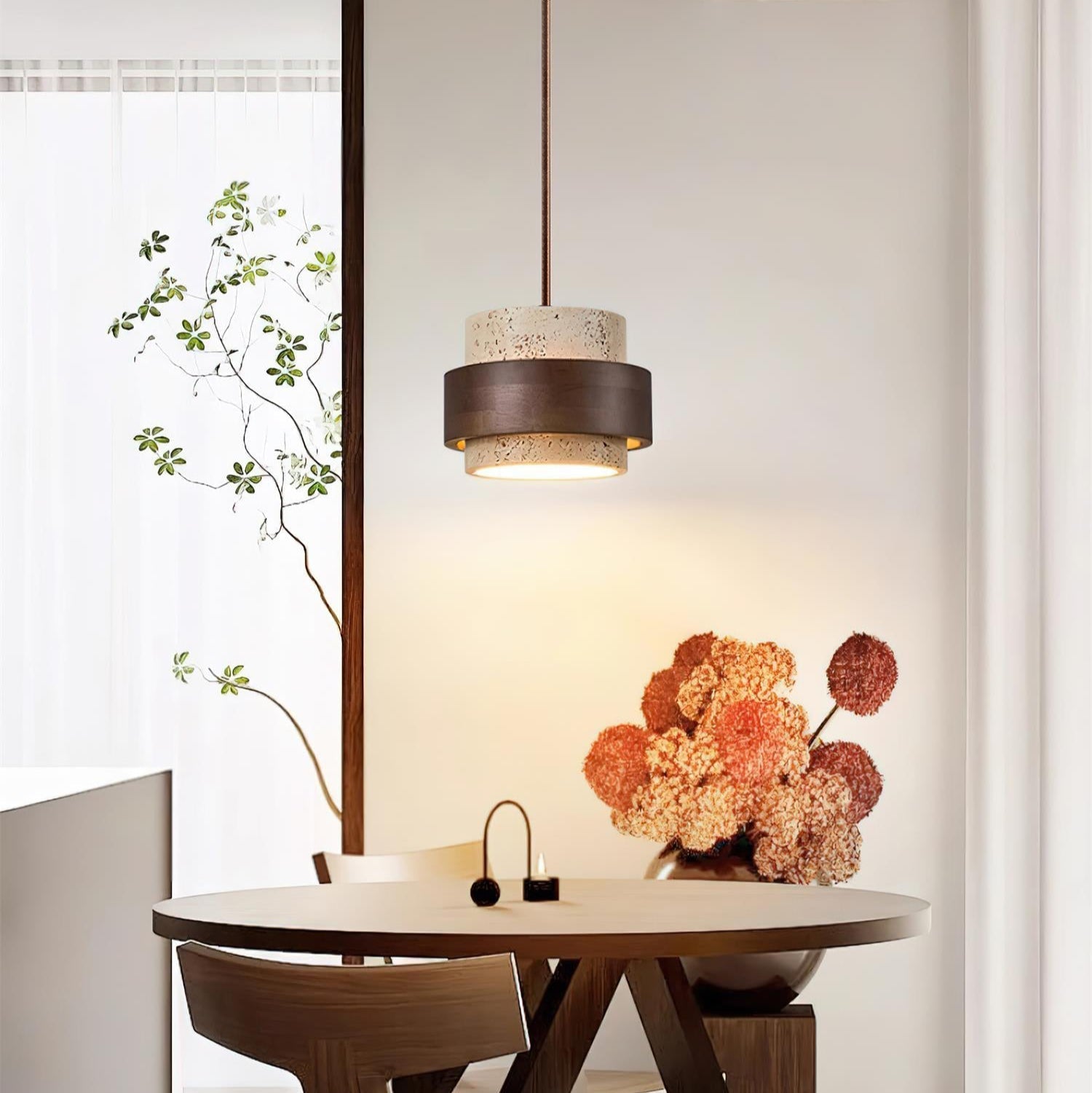 Travertine and Walnut Wood Ceiling Pendant Light - Arrielight