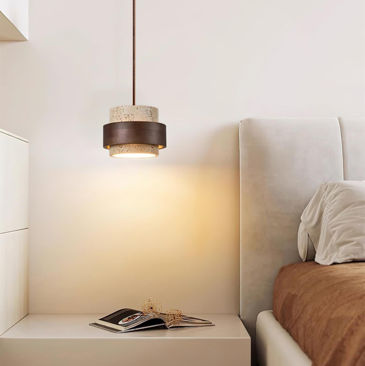 Travertine and Walnut Wood Ceiling Pendant Light - Arrielight