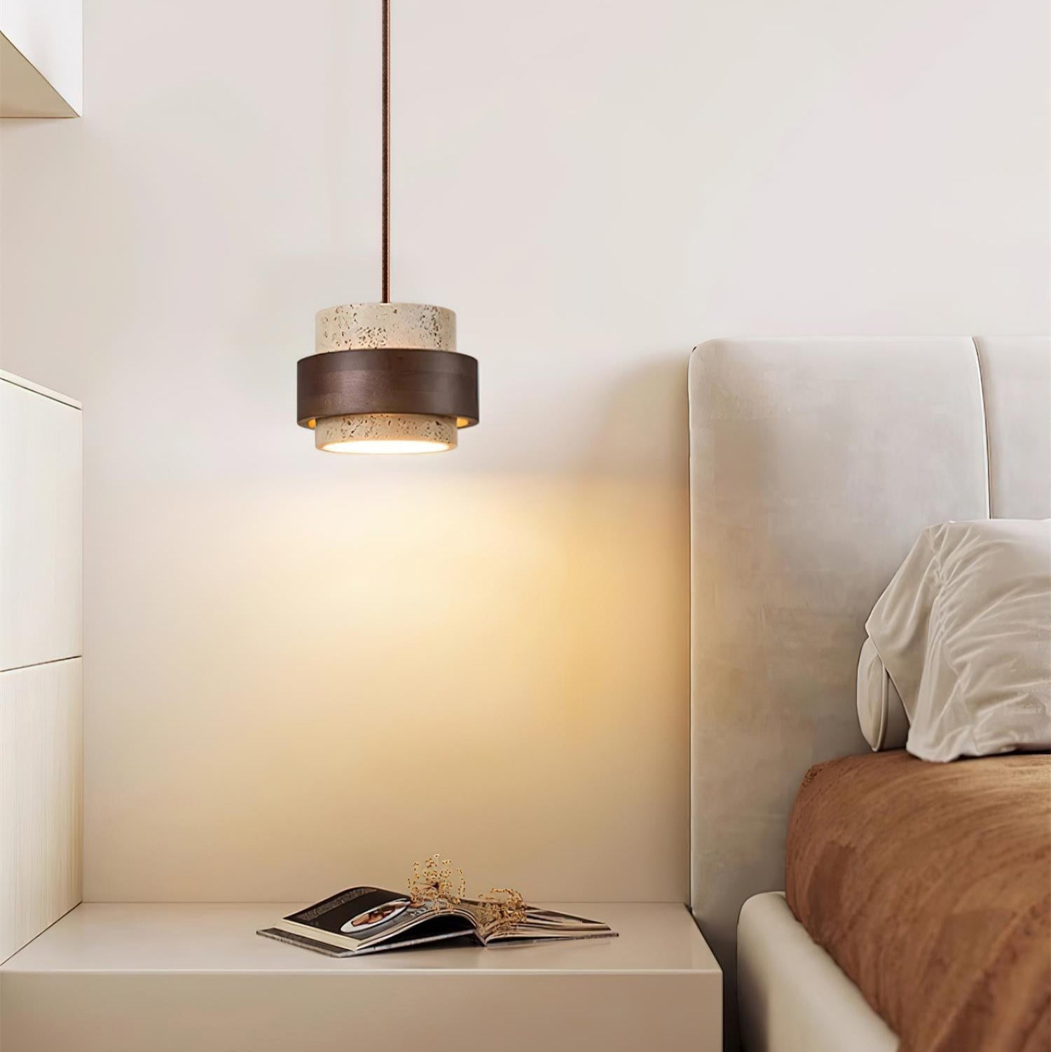 Travertine and Walnut Wood Ceiling Pendant Light - Arrielight