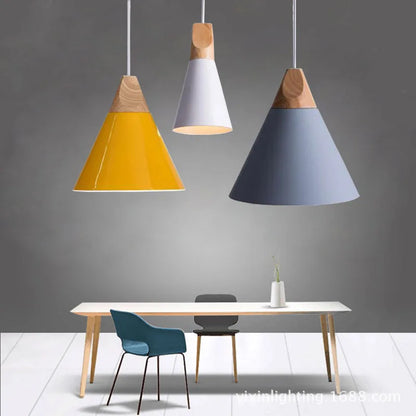 Scandinavian Pendant Lights – Colourful Cones with Wood and Metal
