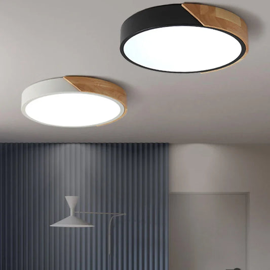 Modern LED Ceiling Light with Wooden Accent – Flush Mount Design
