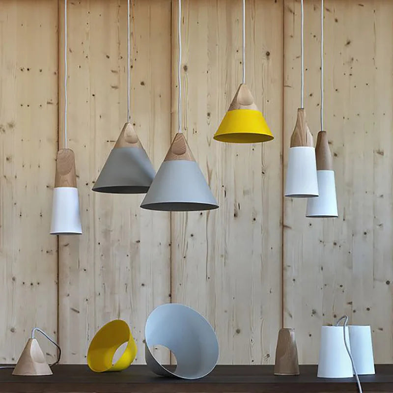 Scandinavian Pendant Lights – Colourful Cones with Wood and Metal