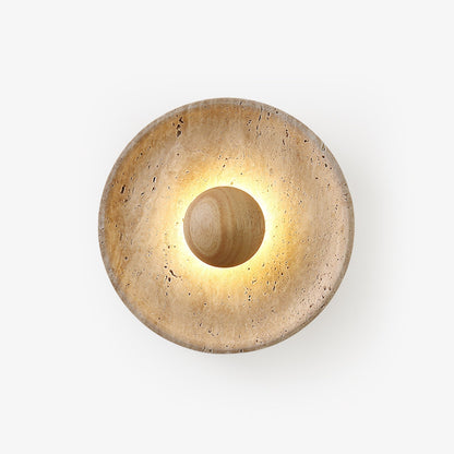 Travertine and Wood Round Disc Wall Light - Arrielight
