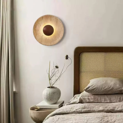 Travertine and Wood Round Disc Wall Light - Arrielight