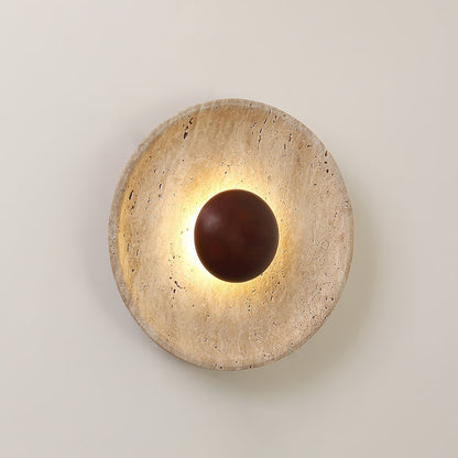 Travertine and Wood Round Disc Wall Light - Arrielight