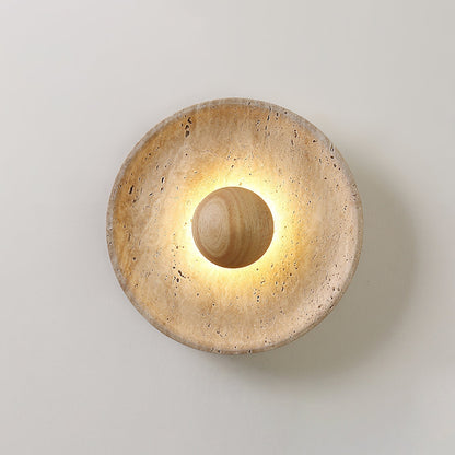 Travertine and Wood Round Disc Wall Light - Arrielight