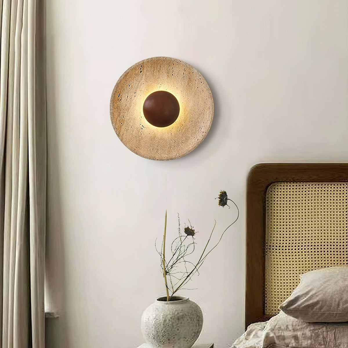 Travertine and Wood Round Disc Wall Light - Arrielight