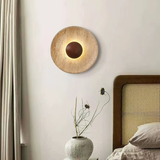 Travertine and Wood Round Disc Wall Light - Arrielight