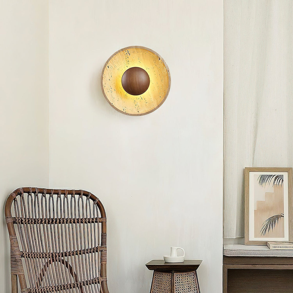 Travertine and Wood Round Disc Wall Light - Arrielight