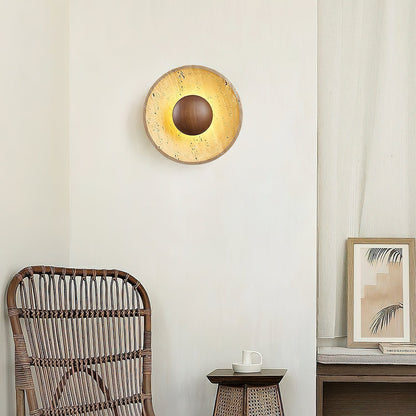 Travertine and Wood Round Disc Wall Light - Arrielight