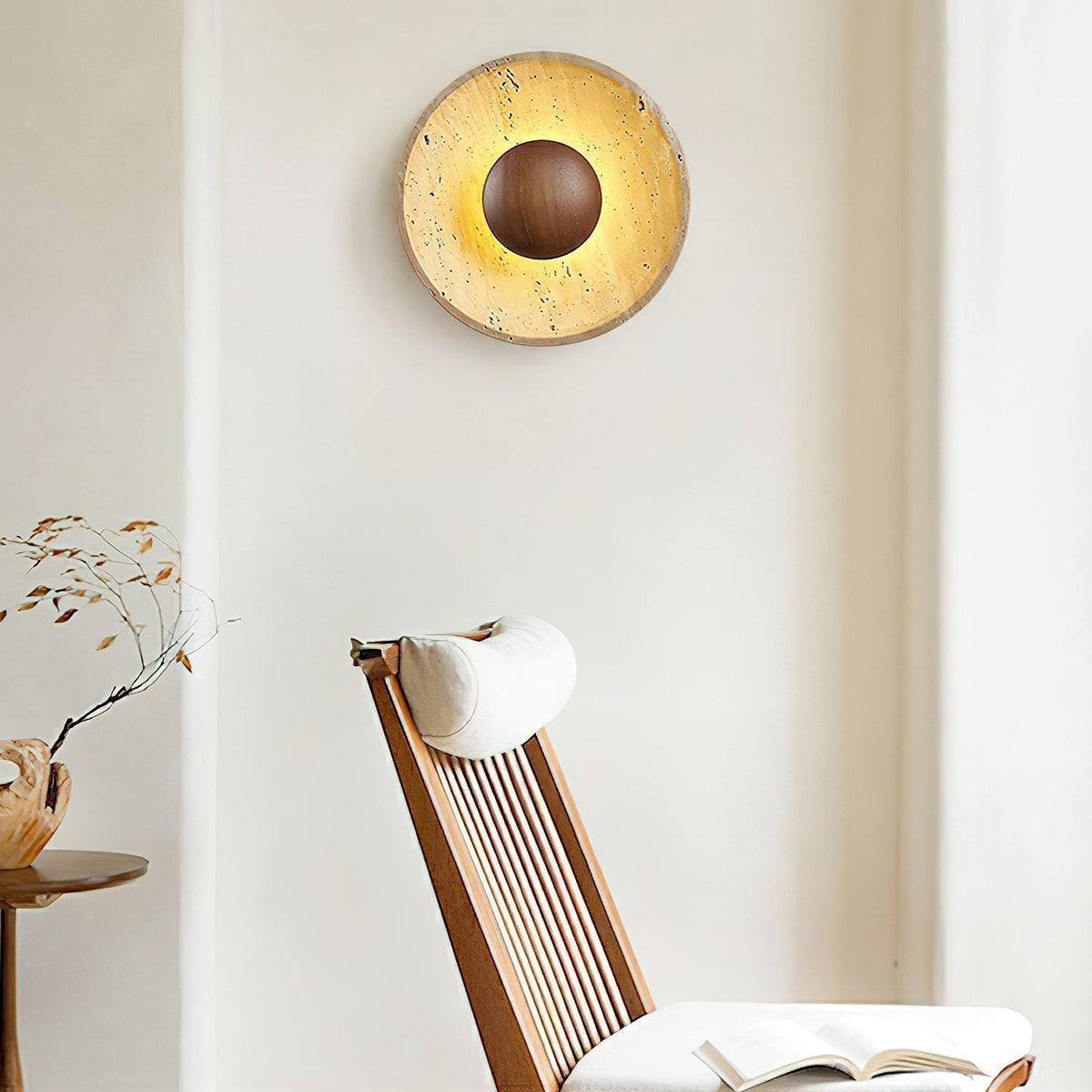 Travertine and Wood Round Disc Wall Light - Arrielight