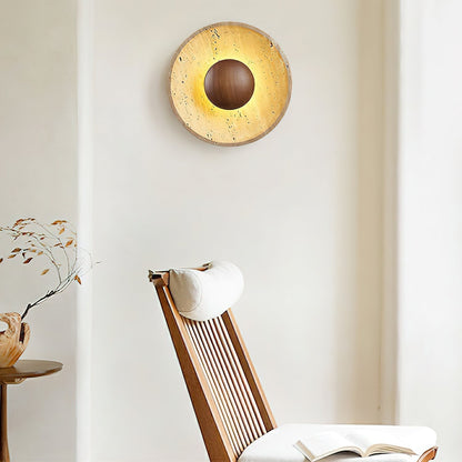 Travertine and Wood Round Disc Wall Light - Arrielight