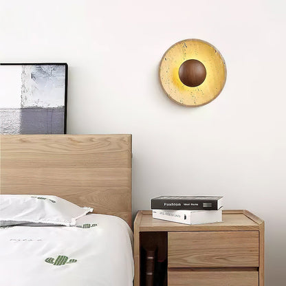 Travertine and Wood Round Disc Wall Light - Arrielight