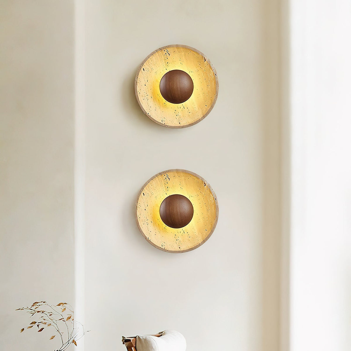 Travertine and Wood Round Disc Wall Light - Arrielight