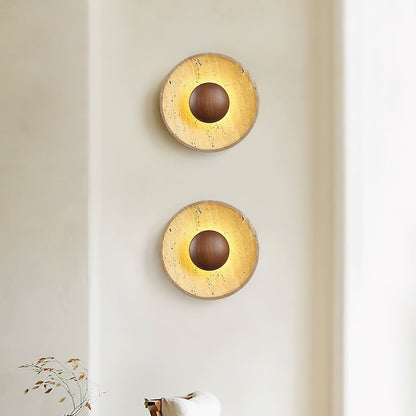 Travertine and Wood Round Disc Wall Light - Arrielight