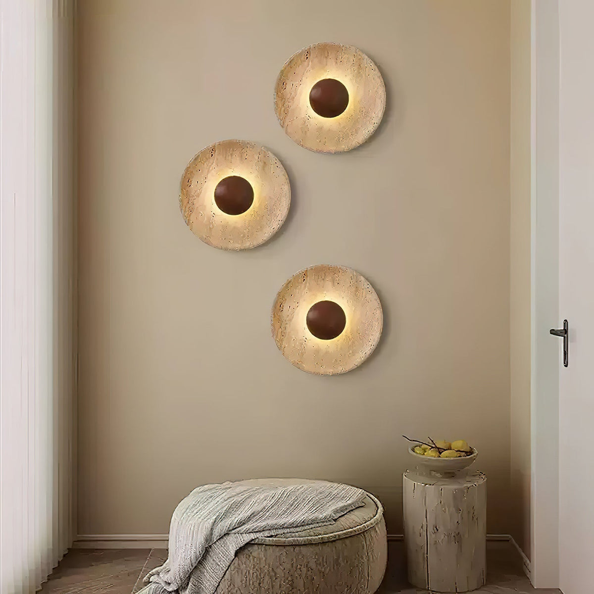 Travertine and Wood Round Disc Wall Light - Arrielight