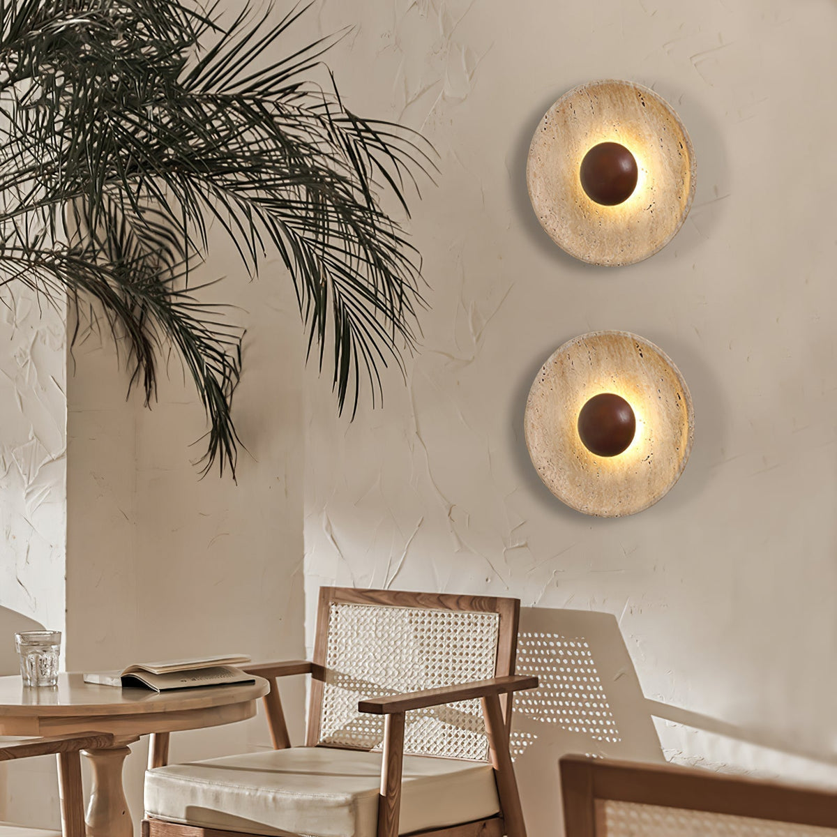 Travertine and Wood Round Disc Wall Light - Arrielight