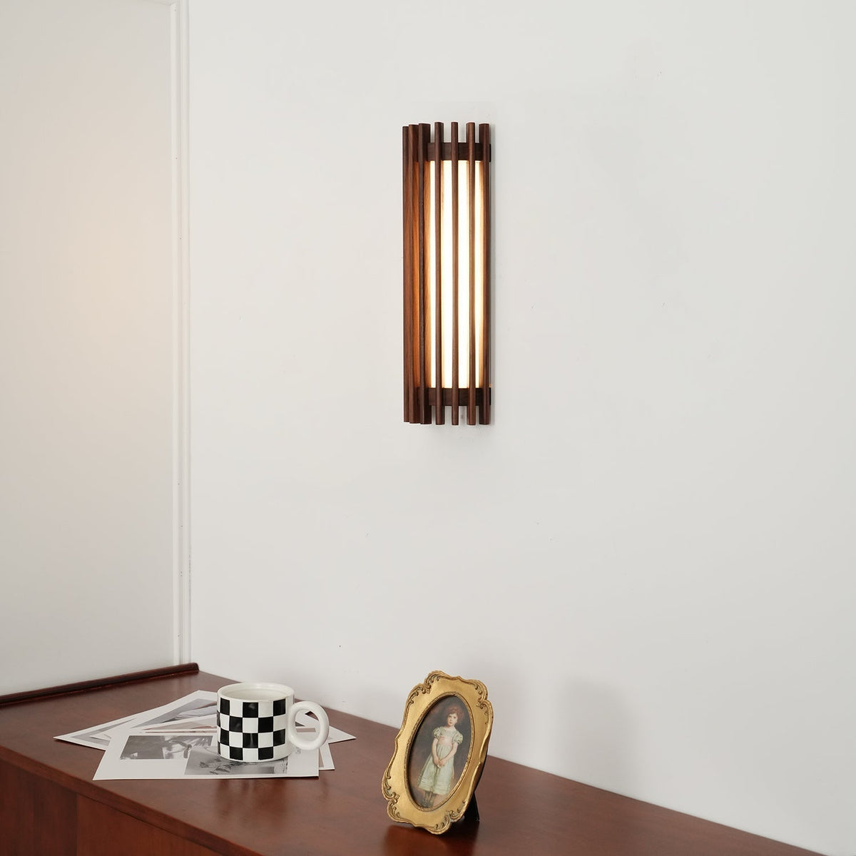 Walnut Slatted Wood Wall Light with Acrylic Diffuser - Arrielight