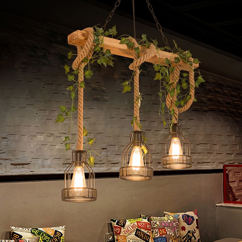 Rustic Wood Beam and Rope Cage Ceiling Pendant - Arrielight