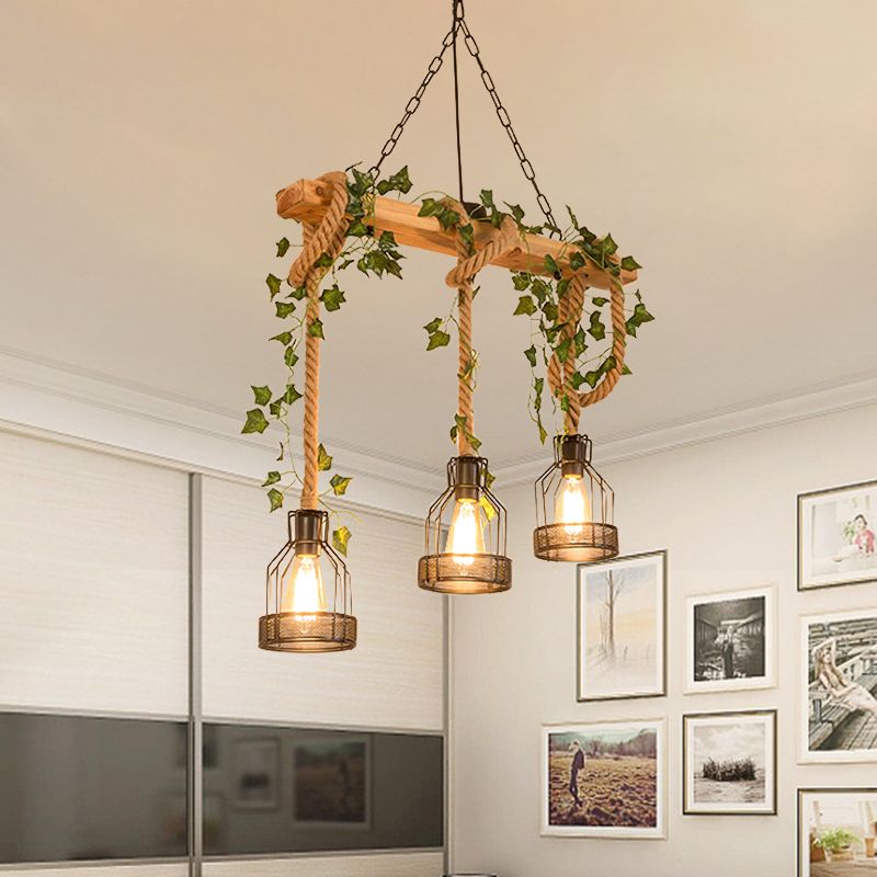 Rustic Wood Beam and Rope Cage Ceiling Pendant - Arrielight