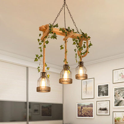 Rustic Wood Beam and Rope Cage Ceiling Pendant - Arrielight