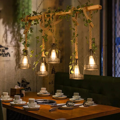 Rustic Wood Beam and Rope Cage Ceiling Pendant - Arrielight