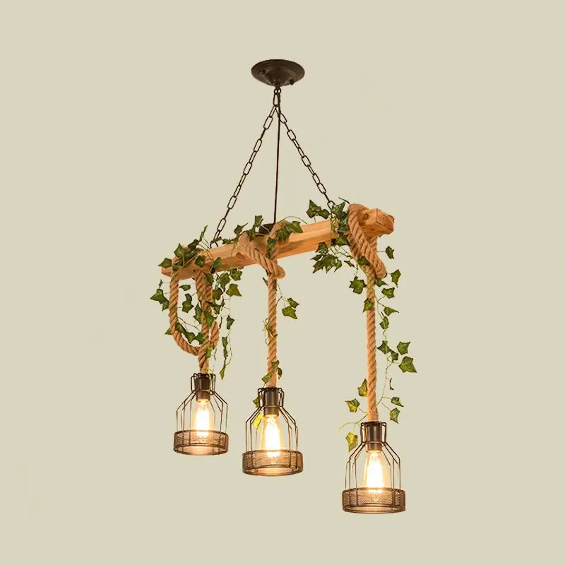 Rustic Wood Beam and Rope Cage Ceiling Pendant - Arrielight