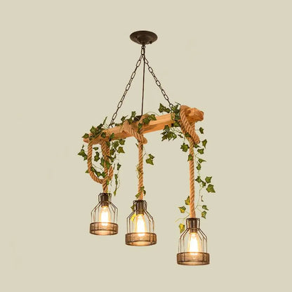 Rustic Wood Beam and Rope Cage Ceiling Pendant - Arrielight