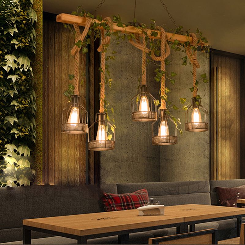 Rustic Wood Beam and Rope Cage Ceiling Pendant - Arrielight