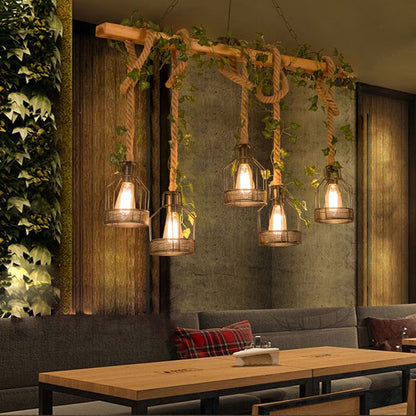 Rustic Wood Beam and Rope Cage Ceiling Pendant - Arrielight