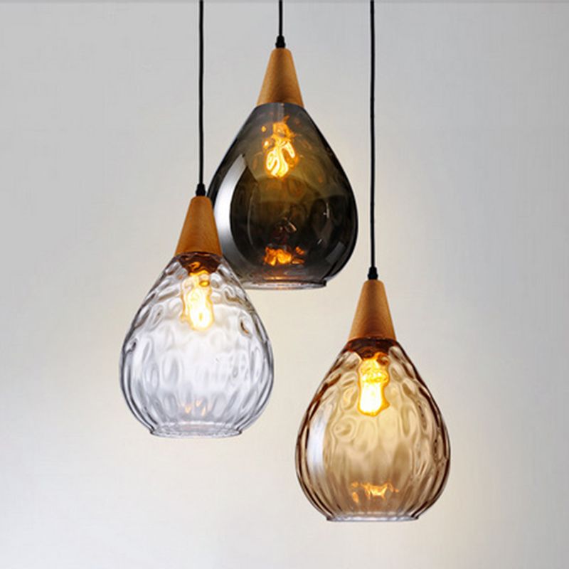 Teardrop Dimpled Glass Ceiling Pendant with Wood Detail - Arrielight