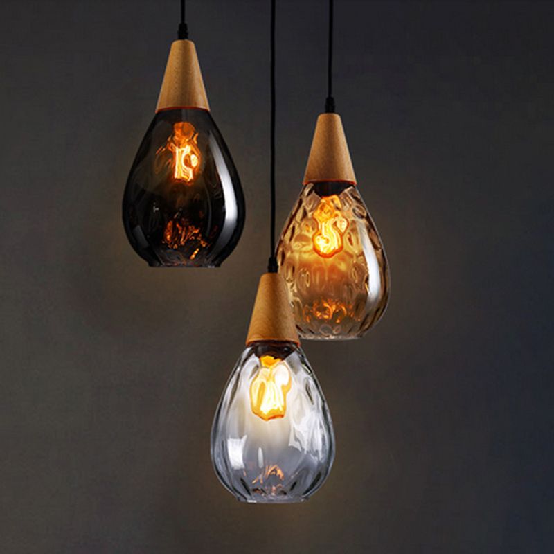 Teardrop Dimpled Glass Ceiling Pendant with Wood Detail - Arrielight