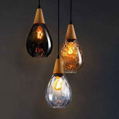 Teardrop Dimpled Glass Ceiling Pendant with Wood Detail - Arrielight