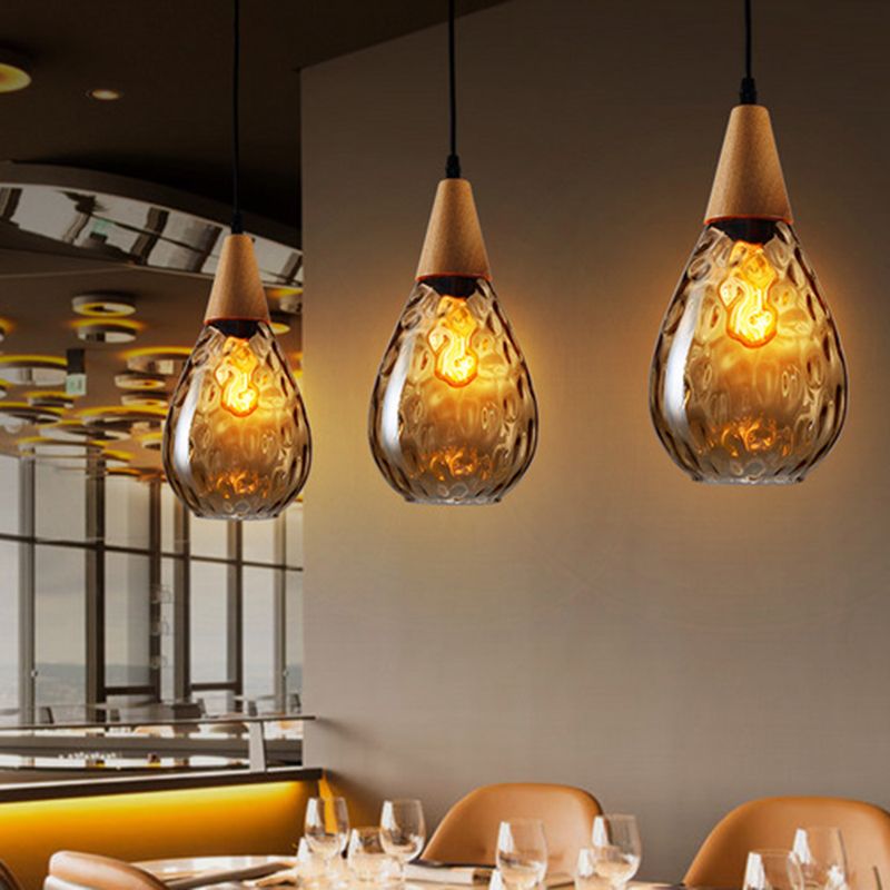 Teardrop Dimpled Glass Ceiling Pendant with Wood Detail - Arrielight