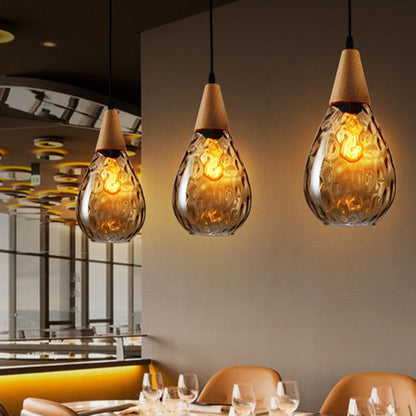 Teardrop Dimpled Glass Ceiling Pendant with Wood Detail - Arrielight