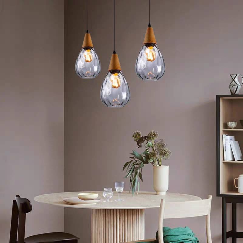 Teardrop Dimpled Glass Ceiling Pendant with Wood Detail - Arrielight