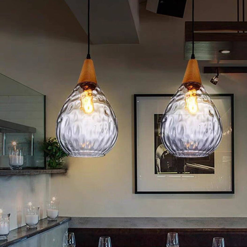 Teardrop Dimpled Glass Ceiling Pendant with Wood Detail - Arrielight