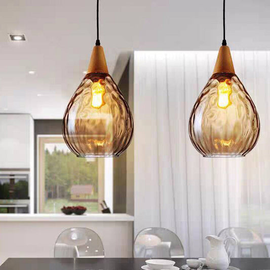 Teardrop Dimpled Glass Ceiling Pendant with Wood Detail - Arrielight