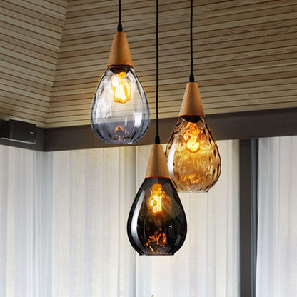 Teardrop Dimpled Glass Ceiling Pendant with Wood Detail - Arrielight