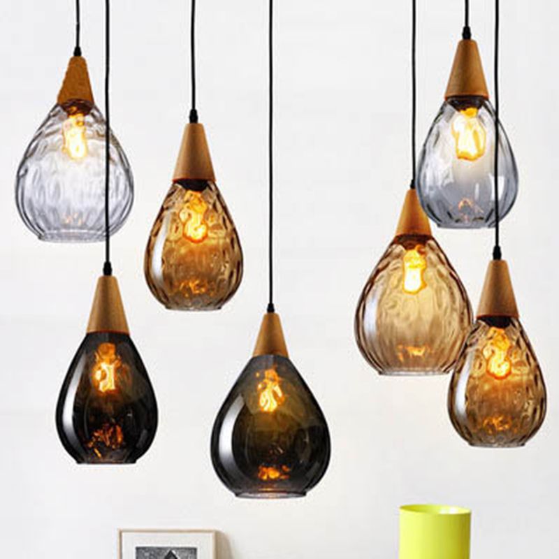 Teardrop Dimpled Glass Ceiling Pendant with Wood Detail - Arrielight