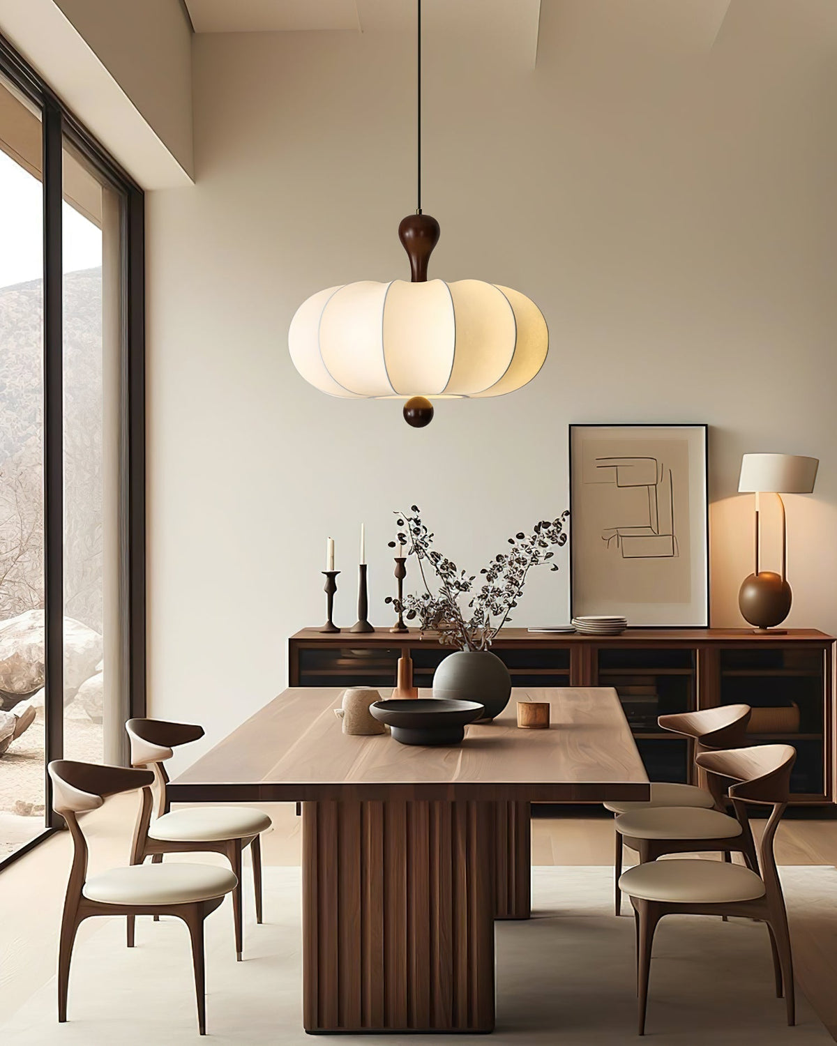 Segmented Silk Ceiling Pendant with Wood Stem - Arrielight