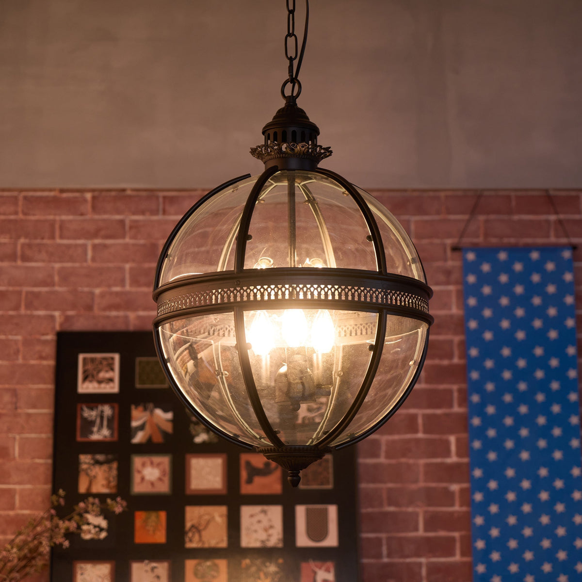 Vintage Glass Globe Lantern Ceiling Pendant, 3 Light - Arrielight