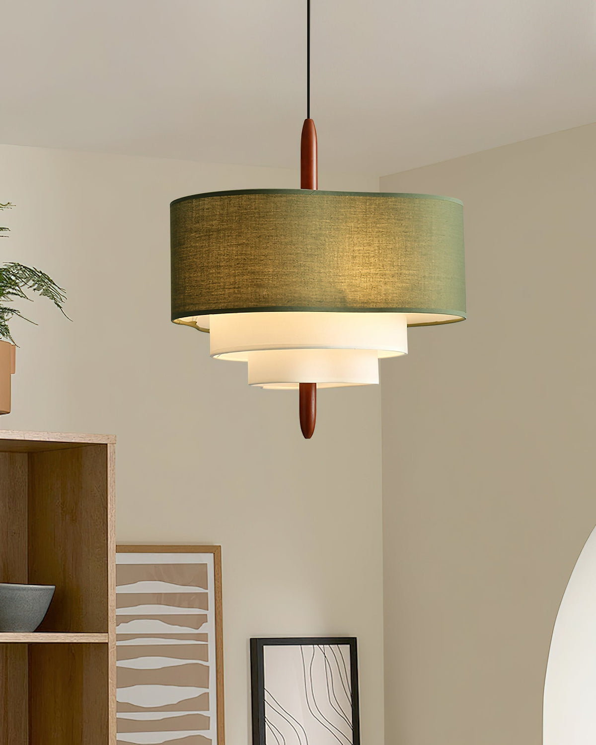 Layered Fabric Tiered Ceiling Pendant with Wood Detail - Arrielight