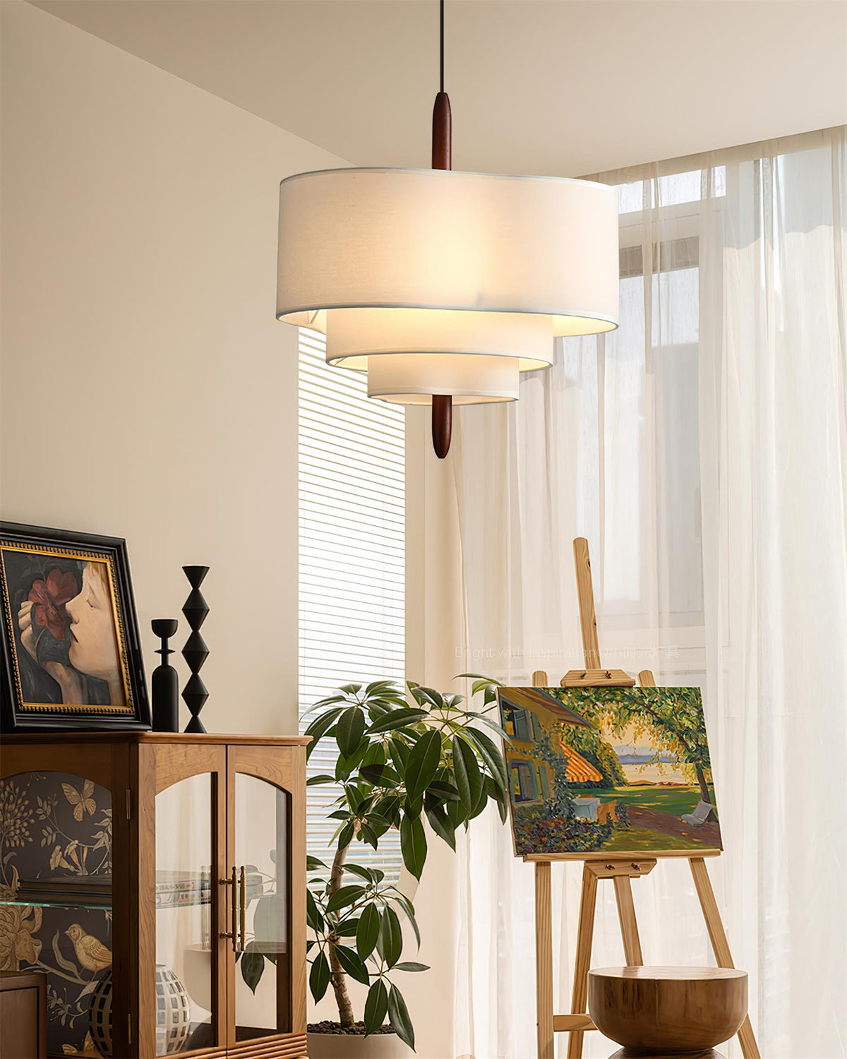 Layered Fabric Tiered Ceiling Pendant with Wood Detail - Arrielight