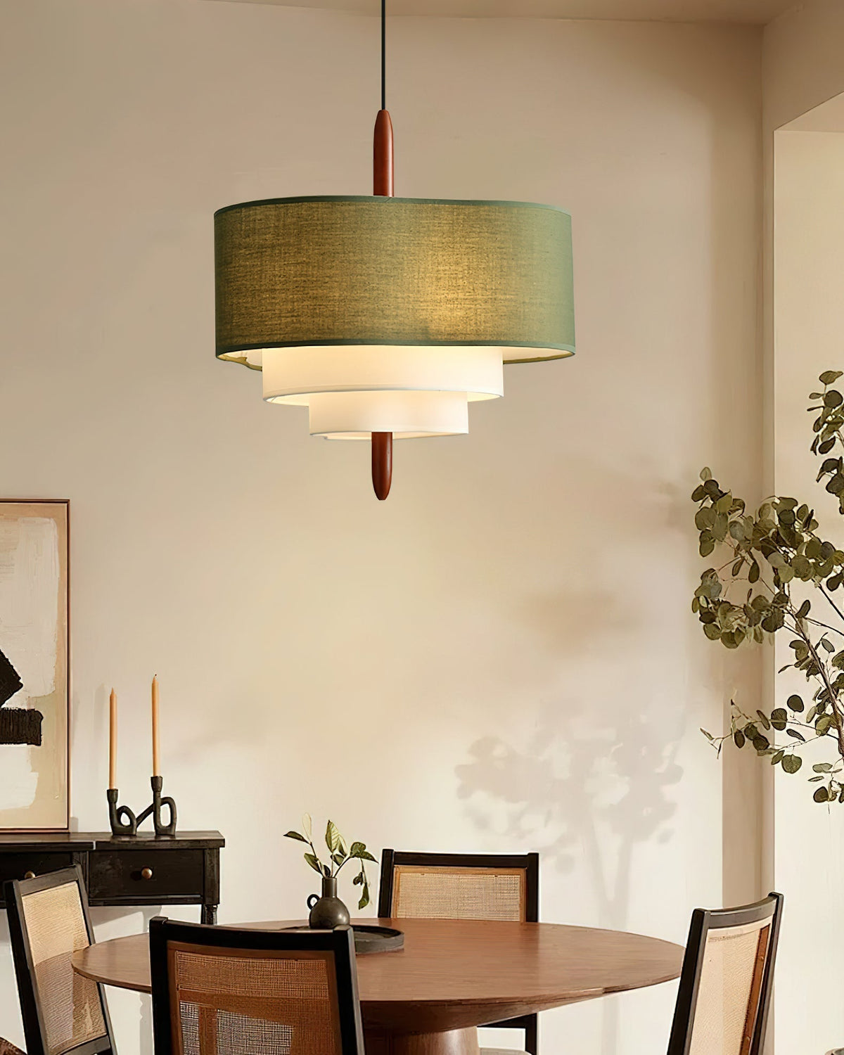 Layered Fabric Tiered Ceiling Pendant with Wood Detail - Arrielight